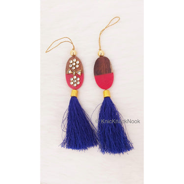 Pink / Blue Tassels With Red And Brown Wood Buttons With Kundan Stones, Indian Tassels, Wedding Supplies